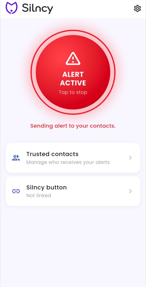 Silncy app screen showing an alert actively being sent to trusted contacts