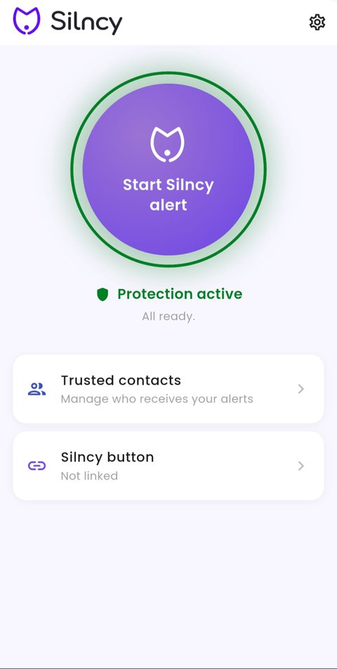 Silncy app home screen showing protection active and ready