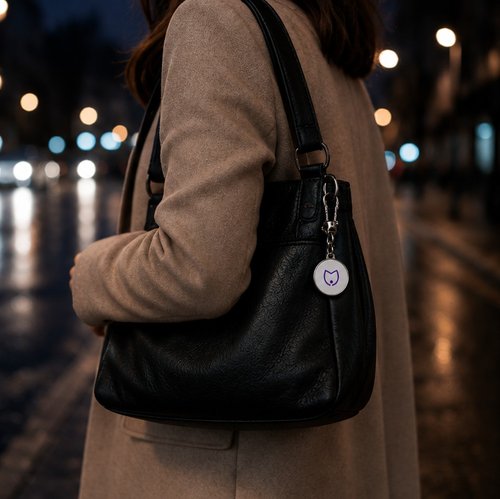 Woman carrying a bag with the Silncy button at night