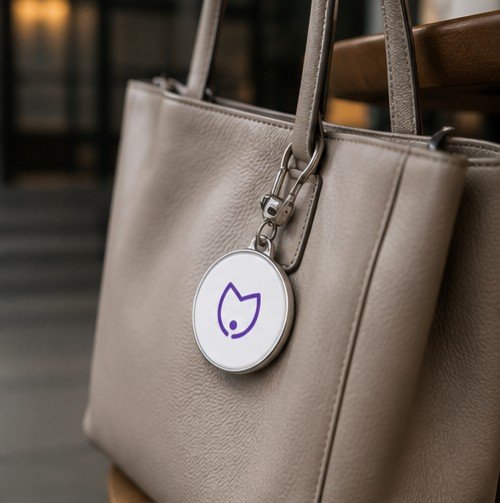 Silncy button hanging from a tote bag