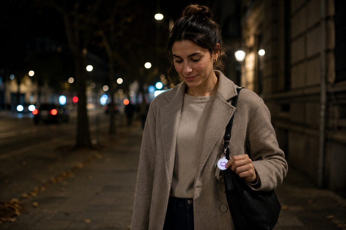 Woman walking at night holding her Silncy safety button on her bag strap