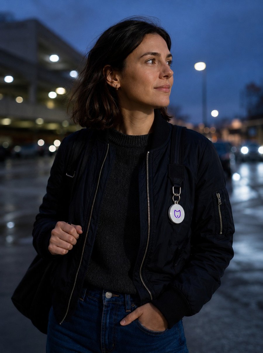 Woman with her Silncy button walking outside at night