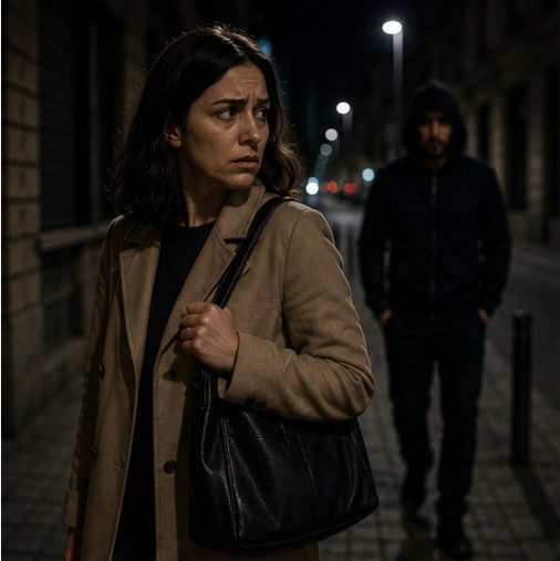 Woman walking alone at night, sensing someone following her